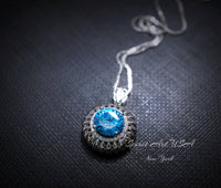 Swiss Blue Topaz Necklace - Large Sterling Silver - Gemstone Sunflower Style - White Gold coated - Round 4 CT - Blue Topaz Pendant #943