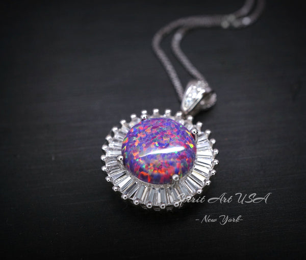 Fire Purple Opal Necklace - Gemstone Sun Style Full Sterling Silver #677