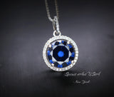 Halo 4 Ct Sapphire Necklace White Gold Plated Sterling Silver Sim Gemstone Round Lab Blue Gemstone Pendant Large Dainty September #507