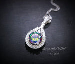 Mystic Rainbow Topaz Necklace - Sterling Silver Round 8mm Mystic Topaz Pendant - 18KGP - Teardrop Gemstone Halo Style #282