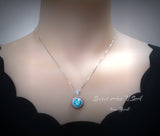 Swiss Blue Topaz Necklace - Large Sterling Silver - Gemstone Sunflower Style - White Gold coated - Round 4 CT - Blue Topaz Pendant #943