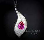 Pink Topaz Leaf Necklace - Fuchsia Pink Topaz Pendant - 18KGP White Gold coated Full Sterling Silver - 3 CT Teardrop Style #906