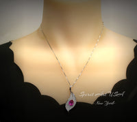 Pink Topaz Leaf Necklace - Fuchsia Pink Topaz Pendant - 18KGP White Gold coated Full Sterling Silver - 3 CT Teardrop Style #906