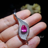 Pink Topaz Leaf Necklace - Fuchsia Pink Topaz Pendant - 18KGP White Gold coated Full Sterling Silver - 3 CT Teardrop Style #906