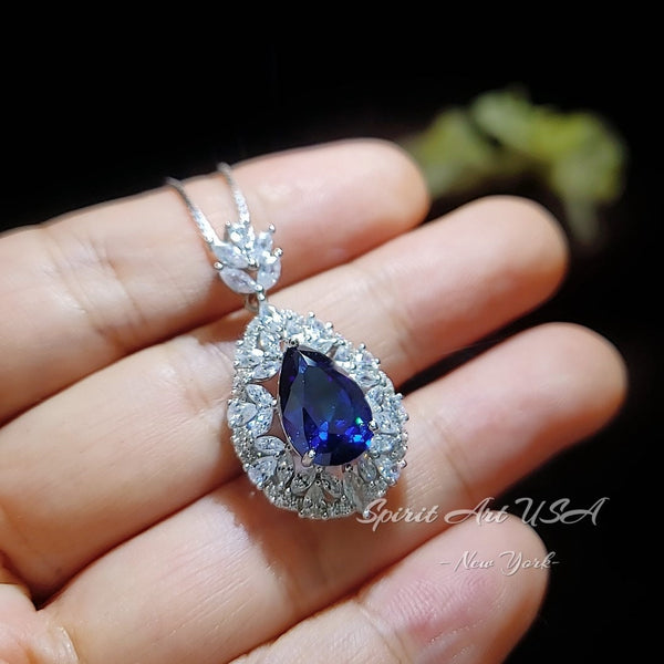 Sapphire Necklace Wheat Style Teardrop Pear 18KGP Sterling Silver - 3 CT Blue Sapphire Pendant - Gemstone Flower September Birthstone #908