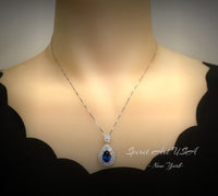 Sapphire Necklace Wheat Style Teardrop Pear 18KGP Sterling Silver - 3 CT Blue Sapphire Pendant - Gemstone Flower September Birthstone #908