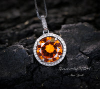 Orange Sunstone Necklace - Tangerine Sapphire Jewelry- High Quality Gemstone Halo Sterling Silver 4 CT Lab Created Sun Stone Pendant #948