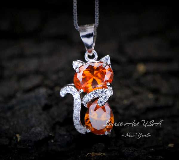 Cat Sunstone necklace, Gemstone Kitty Cat Sun stone Pendant, Orange Gemstone Sterling Silver Pet Cat lover gift Kitten Jewelry #215