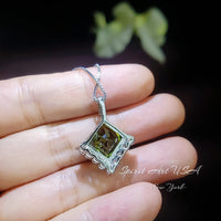 Large Gemstone Style Green Peridot Necklace - 6.5 CT Square Princess Cut Green Peridot Pendant - 18KGP & Full Sterling Silver Made #767