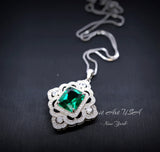 Gorgeous Green Emerald Necklace - Gemstone Flower Sterling Silver White Gold Coated - Faceted Rectangle 5 CT Emerald Pendant #878