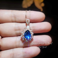 Lily Flower Blue Sapphire Necklace 18K Rose gold @ Sterling Silver 3 CT Blue Sapphire Pendant September Birthstone Layered Double Halo #790