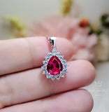 Halo Teardrop Ruby Necklace - Sterling Silver 18KGP - July Birthstone - Pear Cut Genuine Lab Growing Ruby Pendant #194