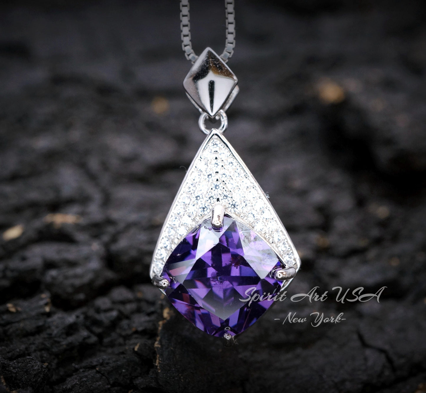 Rhombic Style Amethyst Necklace - 18KGP Full Sterling Silver - Diamond Cushion - Large Created Amethyst Pendant - February Birthstone