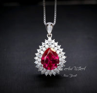 Double Halo Teardrop Ruby Necklace, 18KGP Sterling Silver, 2.75 CT Large Red Ruby Pendant, Gemstone Pear Jewelry #586