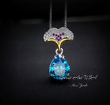 Pear Cut Blue Topaz Necklace Gemstone Ginkgo biloba Leaf Pendant Large 3.5 CT Swiss Blue Topaz Pendant - 18KGP Sterling Silver Teardrop #879