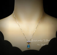 Pear Cut Blue Topaz Necklace Gemstone Ginkgo biloba Leaf Pendant Large 3.5 CT Swiss Blue Topaz Pendant - 18KGP Sterling Silver Teardrop #879