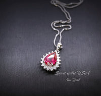 Halo Teardrop Ruby Necklace - Sterling Silver 18KGP - July Birthstone - Pear Cut Genuine Lab Growing Ruby Pendant #194