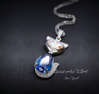 Blue Sapphire Fox Sterling Silver Necklace White Gold Teardrop Pear 3.5 CT Blue Sapphire Pendant #440