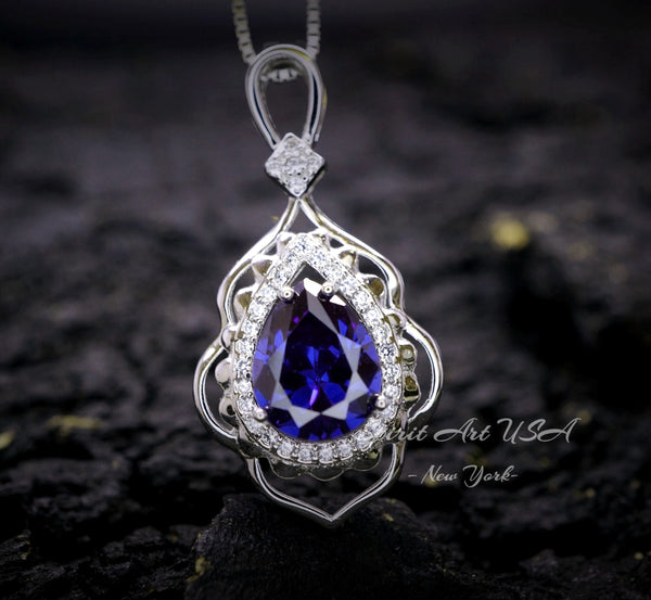 Large Tanzanite Necklace - Gemstone Leaf Lab Created Tanzanite Pendant - 18KGP - Sterling Silver - Teardrop Style Pear Cut 2.75CT #714