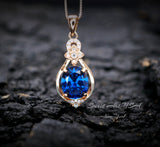 Rose Gold Blue Sapphire Necklace Sterling Silver 3 Ct Oval Large Blue Gemstone Pendant Blue Sapphire Jewelry #647