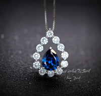 Blue Sapphire Necklace 18kgp Sterling Silver - Gemstone Halo - Teardrop Blue Sapphire Pendant - September Birthstone - Pear Cut 2.6 CT #954