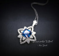 Blue Sapphire Necklace Gemstone Medal of Honor Flower Necklace 18KGP @ Sterling Silver Star Pendant Four Petal Flower Sapphire Jewelry #515