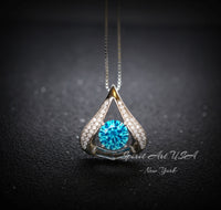 Heart Blue Topaz Necklace - Gemstone Fat Triangle Blue Topaz Pendant - 18KGP & Sterling Silver - 2 Ct Round Cut Blue Topaz Jewelry #583