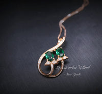 Emerald Necklace - Rose Gold Coated Sterling Silver - Leaf Flower Double Green Gemstone - May Birthstone - Dainty Emerald Pendant #260