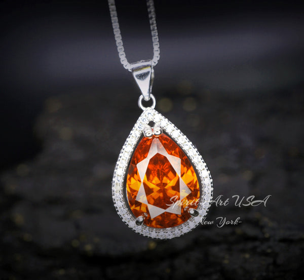 Teardrop Orange sunstone Necklace - Sterling Silver Orange Tangerine 5 CT Spessartite Garnet Pendant #717