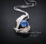 Protective Angel Wing Blue Sapphire Necklace - Sterling Silver White Gold Coated - 2CT Round Cut Blue Sapphire Angel Wing Jewelry #883