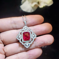 Large Red Ruby Necklace - Faceted Rectangle 5 CT Red Ruby Pendant - Gemstone Flower of Prosperity - 18GP Sterling Silver - Scissor Cut #827