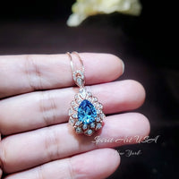 Teardrop Blue Topaz Necklace - Rose Gold Sterling Silver - 2.8 CT Double Halo Swiss Blue Topaz Pendant - Layered Lily Flower Jewelry #765