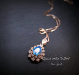 Teardrop Blue Topaz Necklace - Rose Gold Sterling Silver - 2.8 CT Double Halo Swiss Blue Topaz Pendant - Layered Lily Flower Jewelry #765