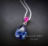 Large Teardrop Blue Sapphire Necklace - Pear Cut 7 CT Blue Sapphire Pendant 18KGP Sterling Silver - September Birthstone Adjustable #858