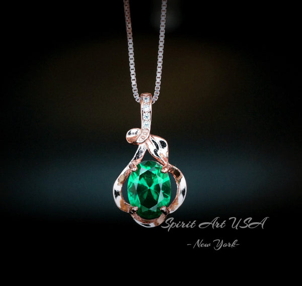 Tiny Rose Gold Coated 925 Sterling Silver Flower Of Life Pendant , Emerald Necklace , May Birthstone Jewelry 078