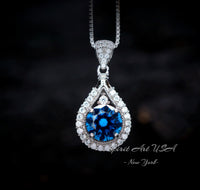 Round Blue Sapphire Gemstone Teardrop Necklace - Sterling Silver White Gold coated Sapphire Pendant #386