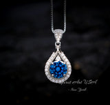 Round Blue Sapphire Gemstone Teardrop Necklace - Sterling Silver White Gold coated Sapphire Pendant #386