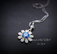 Tiny Blue Sapphire Sunflower Necklace - White Gold Coated Sterling Silver Gemstone Flower Blue Sapphire Pendant - September Birthstone 061