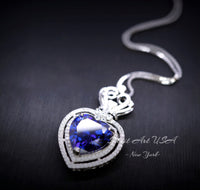 Tanzanite Necklace - Gemstone Royal Ocean Heart Tanzanite Pendant - 7 CT Double Halo Crown Blue Tanzanite Titanic Jewelry #896