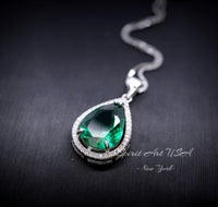 Large Green Emerald Necklace - 6.5 Ct Teardrop Emerald Pendant - White Gold coated Sterling Silver Pear Green Gemstone Jewelry #701