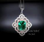 Gorgeous Green Emerald Necklace - Gemstone Flower Sterling Silver White Gold Coated - Faceted Rectangle 5 CT Emerald Pendant #878