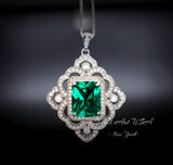 Gorgeous Green Emerald Necklace - Gemstone Flower Sterling Silver White Gold Coated - Faceted Rectangle 5 CT Emerald Pendant #878