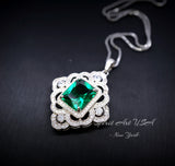 Gorgeous Green Emerald Necklace - Gemstone Flower Sterling Silver White Gold Coated - Faceted Rectangle 5 CT Emerald Pendant #878