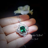 Gorgeous Green Emerald Necklace - Gemstone Flower Sterling Silver White Gold Coated - Faceted Rectangle 5 CT Emerald Pendant #878