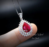 Double Halo Teardrop Ruby Necklace, 18KGP Sterling Silver, 2.75 CT Large Red Ruby Pendant, Gemstone Pear Jewelry #586