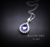 Teardrop Tanzanite Necklace - Halo Solitaire Tanzanite Pendant - 18KGP @ Sterling Silver - 2.5 CT Pear Cut #330