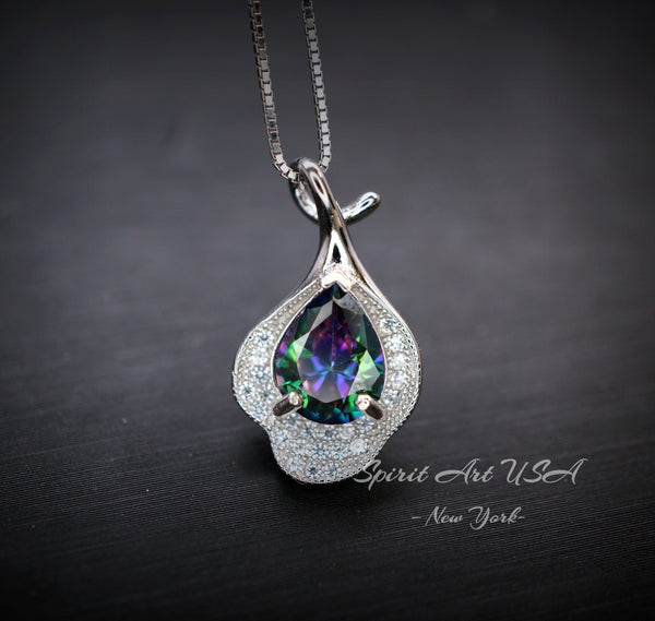 Mystic Topaz Necklace Sterling Silver Flower Petal Pendant White Gold plated Teardrop Rainbow Gemstone #284