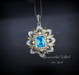 Blue Topaz Necklace, Gemstone Water Lily Flower Pendant, White Gold plated Sterling Silver 1 CT The goddess Athena Necklace #658