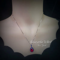 Luxury Teardrop Ruby Necklace - Blue Sapphire Halo Pear Cut 3.75 CT Large Ruby Pendant - 18KGP @ Sterling Silver #589