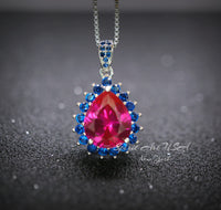 Luxury Teardrop Ruby Necklace - Blue Sapphire Halo Pear Cut 3.75 CT Large Ruby Pendant - 18KGP @ Sterling Silver #589